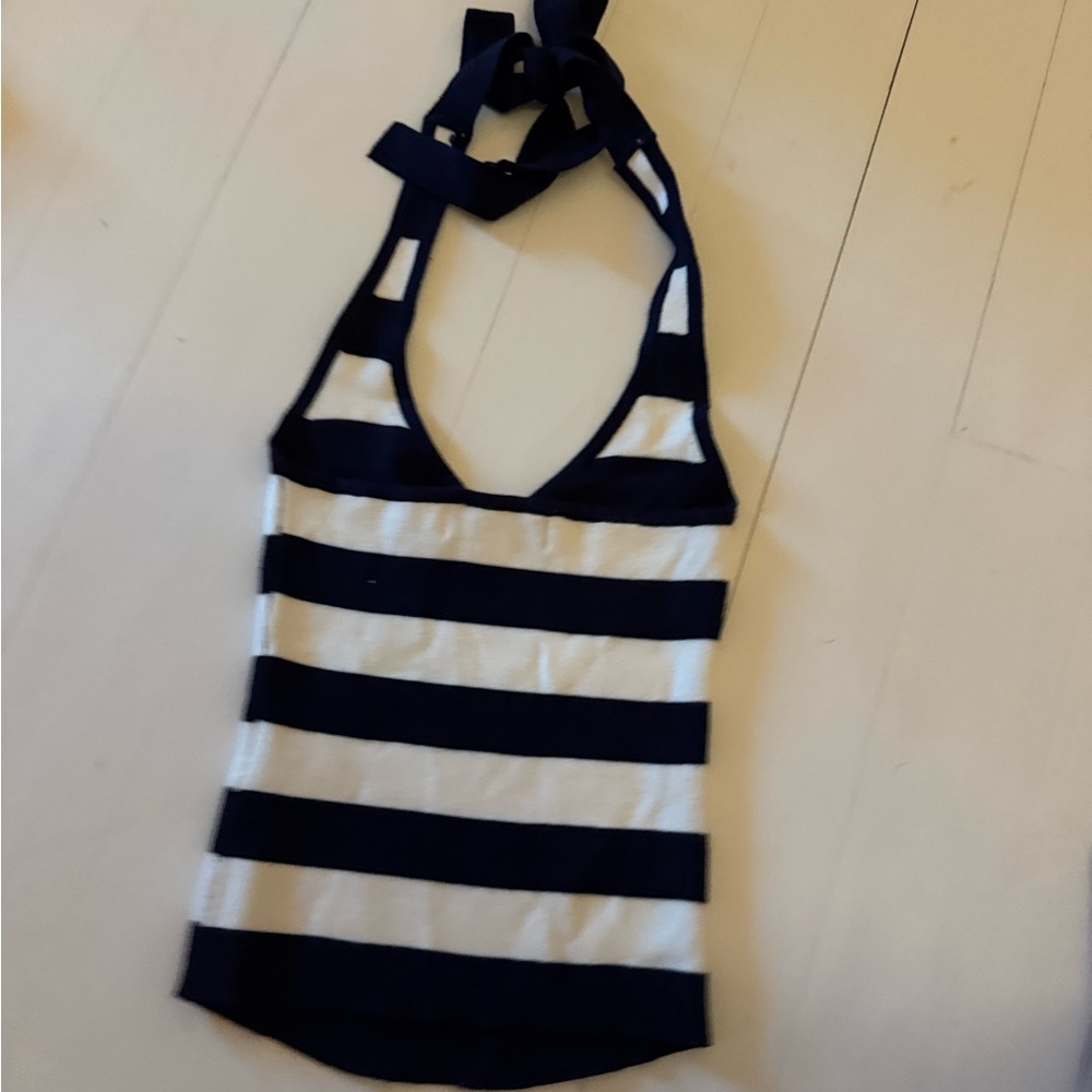 Frankie's Bikinis Navy and White Striped Halter Tank - Picture 3 of 4